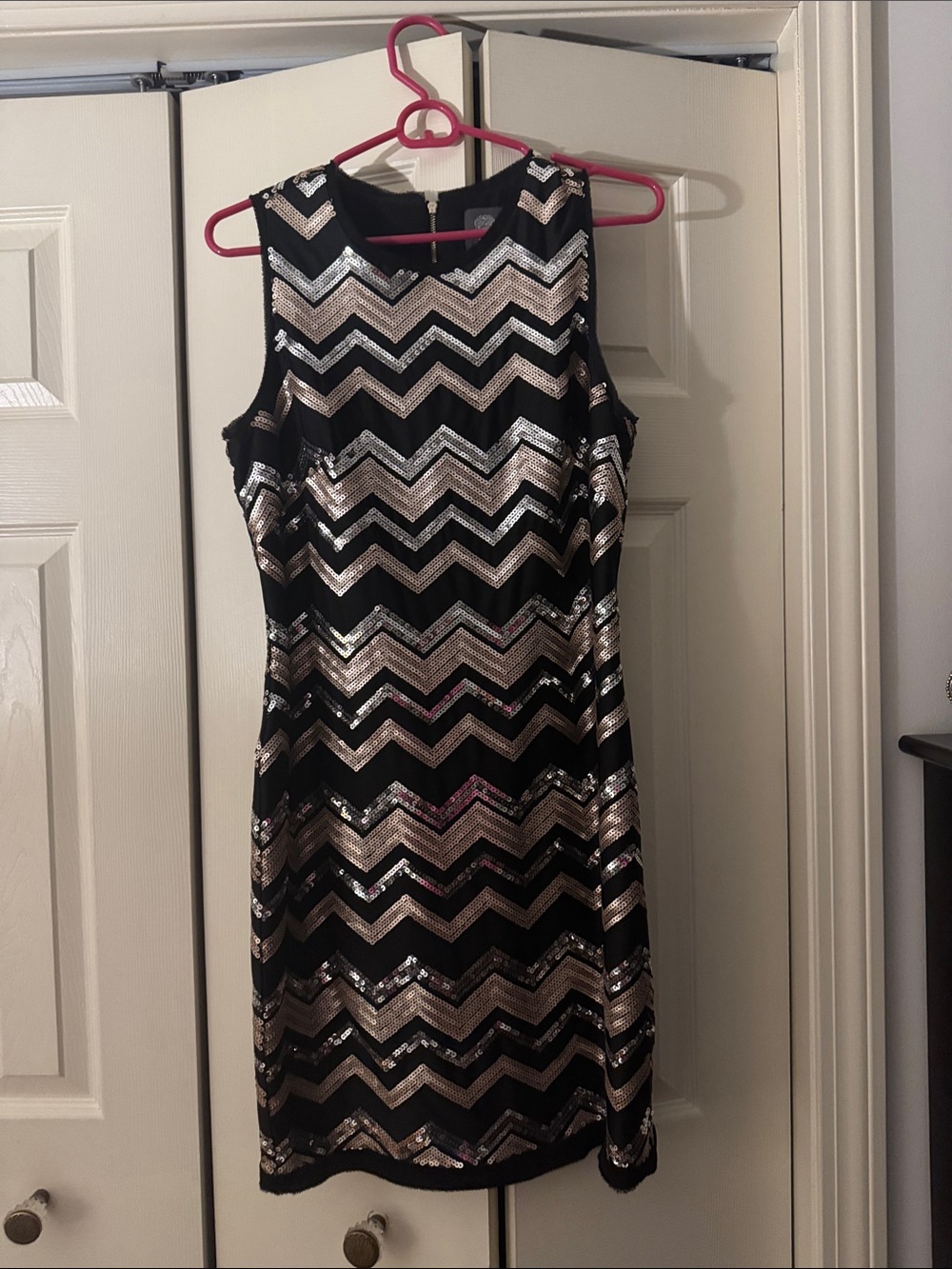 Vince Camuto Black and Silver Chevron Sequin Mini Dress